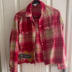 One of a kind! Red/Pink and Orange Plaid Cropped up cycled Flannel Shirt/Jacket